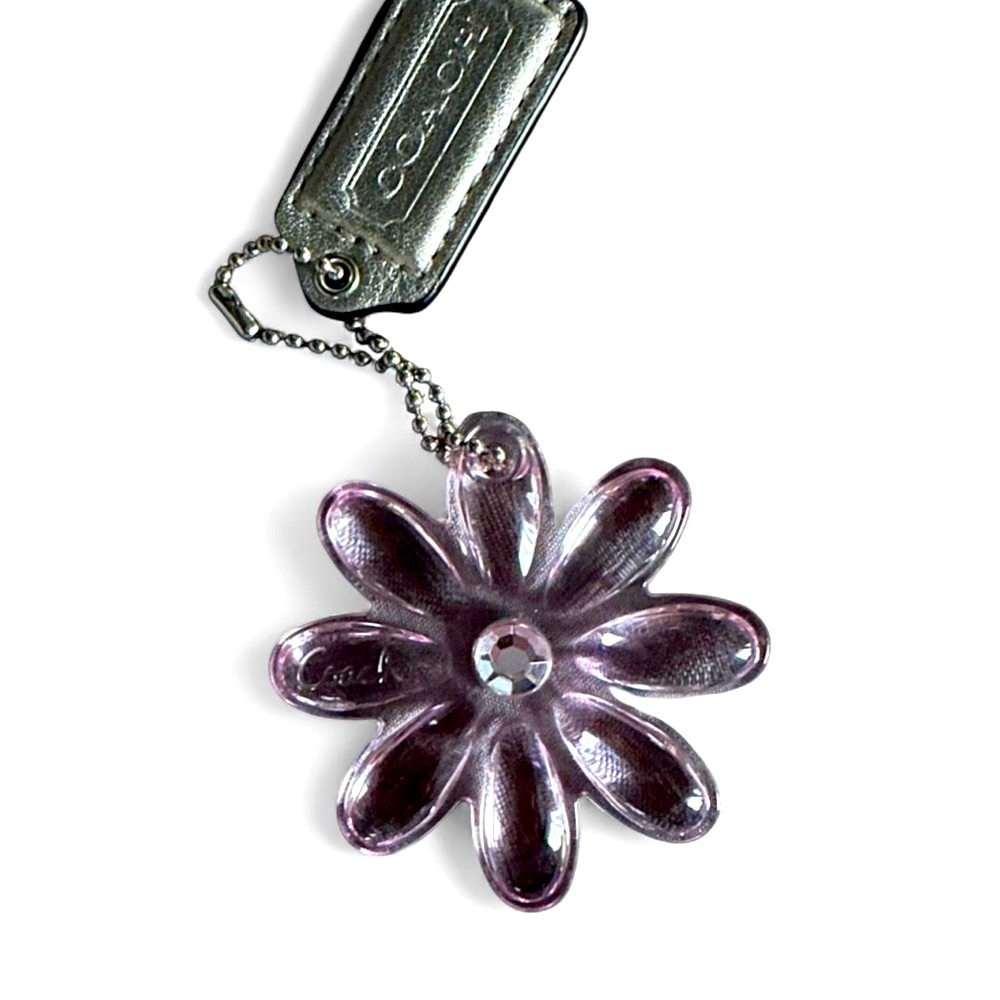 Coach Clear Pink Poppy Flower Bag Charm &  Silver Metallic Leather Coach Hangtag